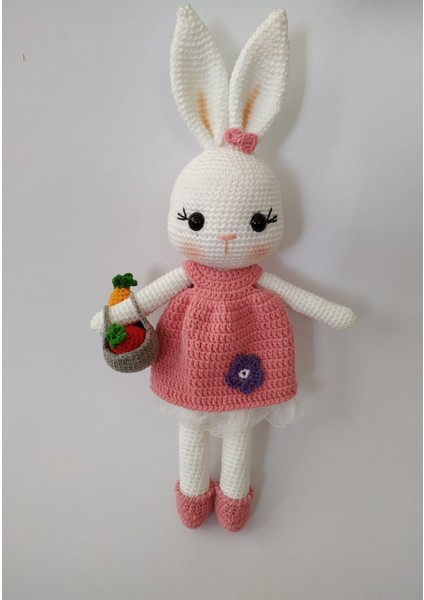 Pembe Sepetli Şirin Tavşan Uyku Arkadaşı Amigurumi Organik Oyuncak