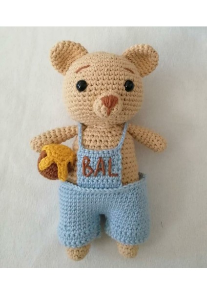 Mavi Tulumlu Ballı Ayıcık Amigurumi Organik Oyuncak