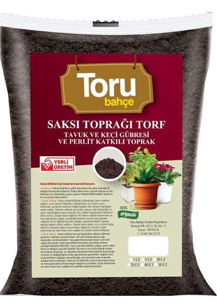 Toru Bahçe Saksı ve Bahçe Toprağı Torf Tavuk Keçi Gübreli ve Perlit Katkılı Toprak 50 Lt
