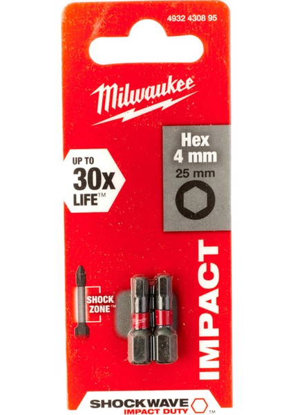 Mılwaukee 4932430895 Bits Uç Hex4,0mm 25MM 2'li Pkt Shockwave Impact