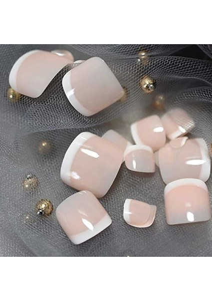 Natürel Pembe Beyaz French Ayak Takma Tırnak Lüks Parlak Doğal Pedikür Nail Art Yapıştırıcılı Kit