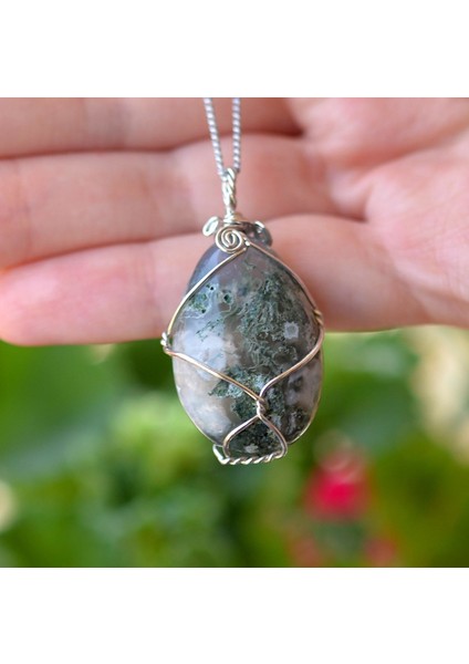 Yosunlu Akik Taşı Tel Sargılı Kolye