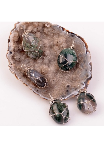 Yosunlu Akik Taşı Tel Sargılı Kolye fiyatları