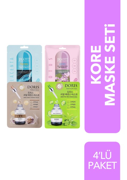 Cilt Onarıcı Kore Maske Seti 4'lü Placenta+ Lotus+ Snail+ Green Tea
