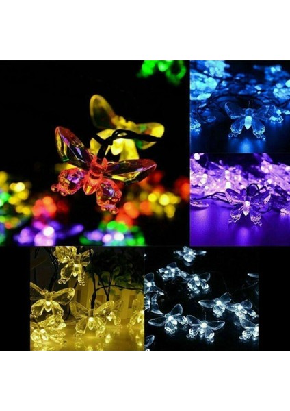 30 LED 4 M Güneş Enerjili Kelebek Renkli 8 Mod LED Bahçe Teras Balkon Ağaç Solar Aydınlatma