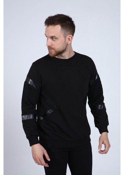 Erkek Gri Deri ve Kapitone Detaylı Slim Fit Sweatshirt