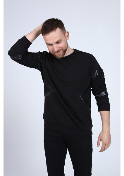 Erkek Gri Deri ve Kapitone Detaylı Slim Fit Sweatshirt