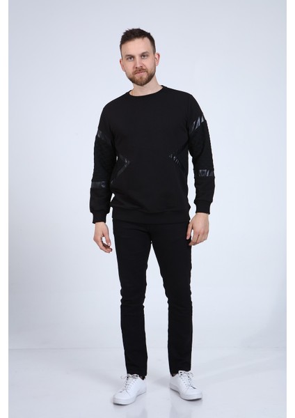 Erkek Gri Deri ve Kapitone Detaylı Slim Fit Sweatshirt