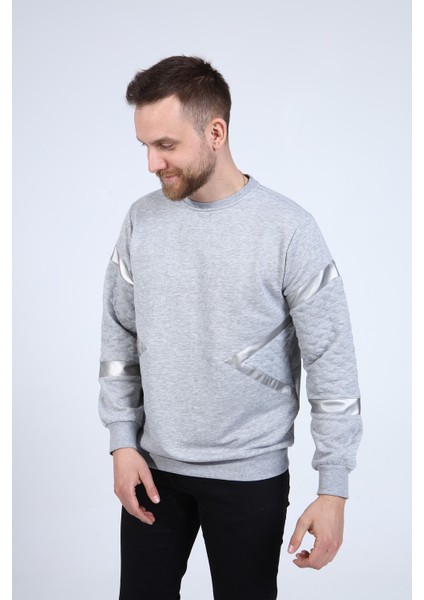 Erkek Gri Deri ve Kapitone Detaylı Slim Fit Sweatshirt