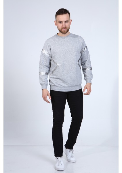 Erkek Gri Deri ve Kapitone Detaylı Slim Fit Sweatshirt fiyatları