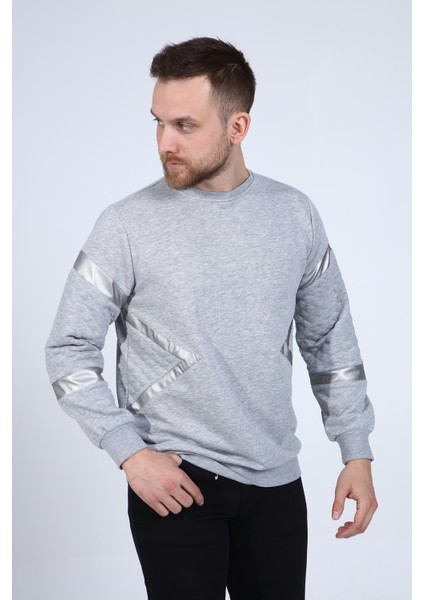 Erkek Gri Deri ve Kapitone Detaylı Slim Fit Sweatshirt modelleri