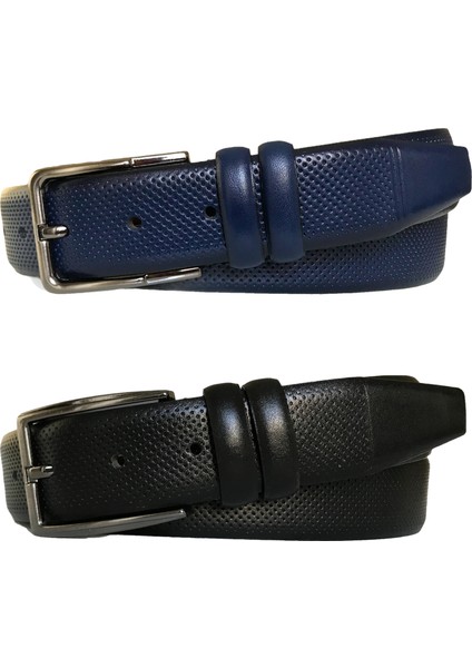 Deri 2'li Set Desenli Klasik Kumaş Pantolon Kemeri 3.5 cm Siyah, Lacivert