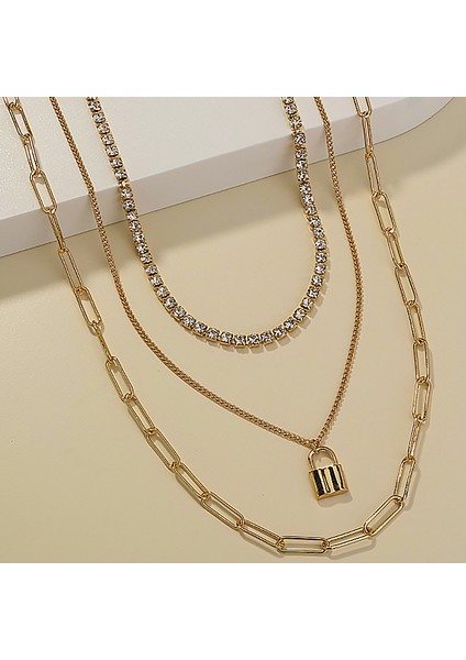3 Katmanlı Taşlı Gold Alloy Kadın Zincir Kolye EN25 modelleri