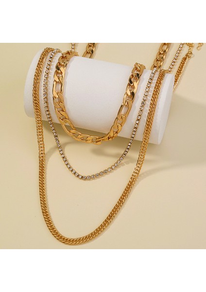 3 Katmanlı Taşlı Gold Alloy Kadın Zincir Kolye EN19