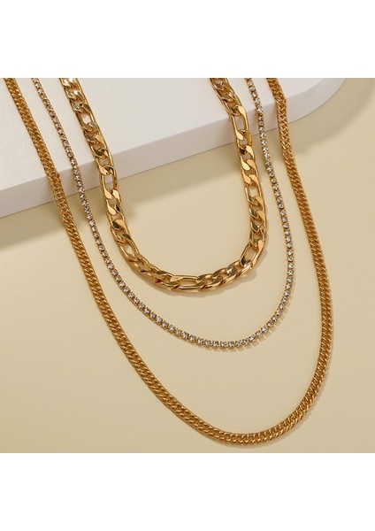 3 Katmanlı Taşlı Gold Alloy Kadın Zincir Kolye EN19