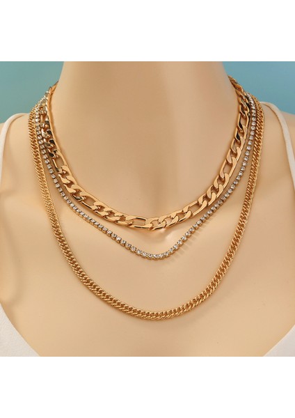 3 Katmanlı Taşlı Gold Alloy Kadın Zincir Kolye EN19