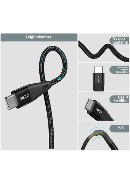 60W USB-C to USB-C Hızlı Şarj Destekli Data Kablosu - 2 Metre - XCC-1004 - Siyah modelleri