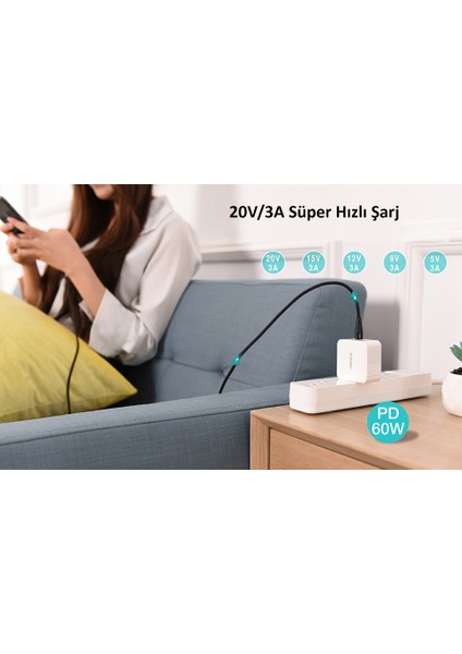 60W USB-C to USB-C Hızlı Şarj Destekli Data Kablosu - 2 Metre - XCC-1004 - Siyah indirimleri