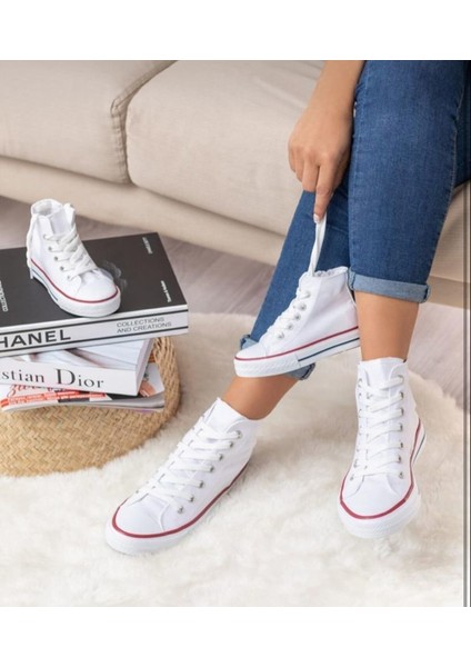 Uzun Beyaz Keten Spor Ayakkabı