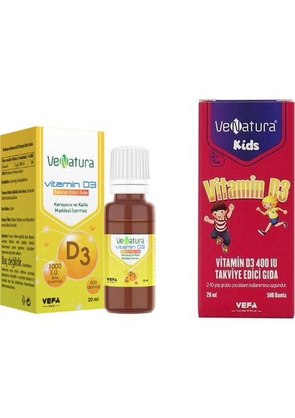 Venatura Vitamin D3 Takviye Edici Gıda 20 ml Damla + Çocuklar Için D3 Vitamini 400 Iu 20 ml Damla