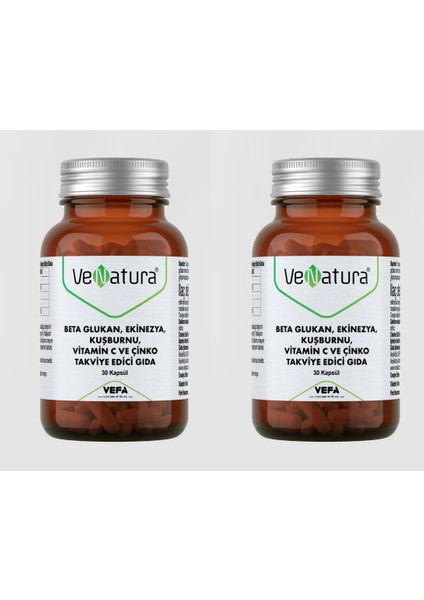 Venatura Venatura Beta Glukan, Ekinezya, Kuşburnu, Vitamin C ve Çinko Takviye Edici Gıda 30 Kapsül X2 Adet