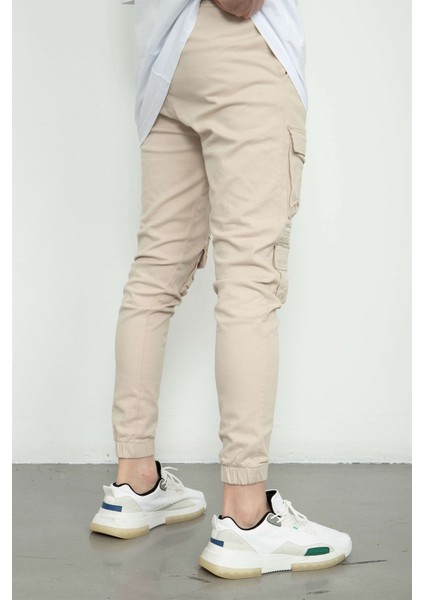 Regular Gabardin Ön Cepli Bel-Paça Lastikli Krem Pantolon