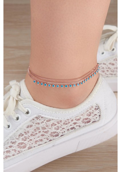 Silver Gümüş Rose Turkuaz Taşlı Iki Sıralı Halhal