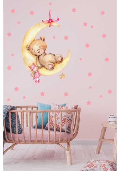 Ayda Uyuyan Sevimli Ayıcık , Bebek ve Pembe Yıldızlar Sticker Seti