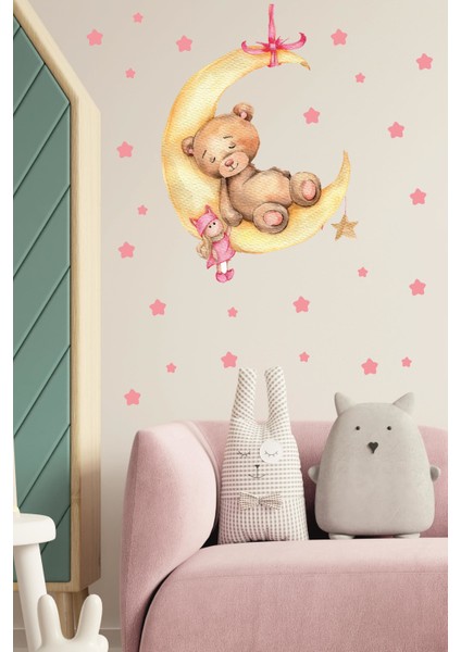 Ayda Uyuyan Sevimli Ayıcık , Bebek ve Pembe Yıldızlar Sticker Seti fiyatları