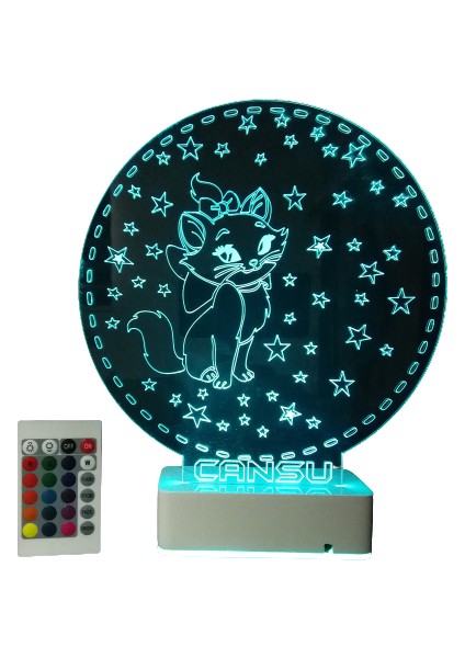 Çocuklara Özel 3D Kedi ve Yıldızlar Dekoratif LED Lamba