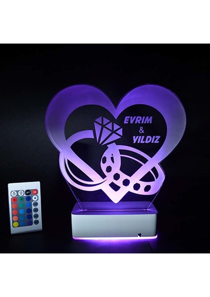 Sevgiliye Özel Pırlanta Yüzük ve Kalp 3D 16 Renk Dekoratif LED Lamba fiyatları