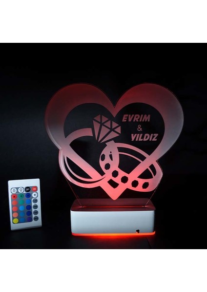Sevgiliye Özel Pırlanta Yüzük ve Kalp 3D 16 Renk Dekoratif LED Lamba modelleri