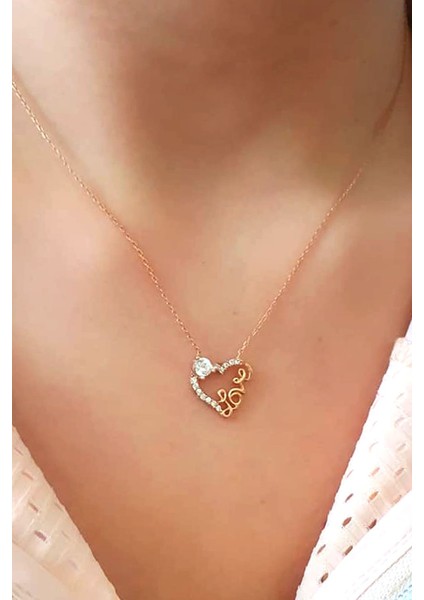Love yazılı tek taş detaylı gümüş rose aşk kolyesi