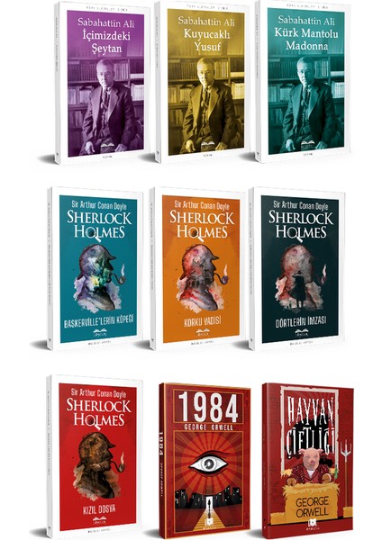 Sherlock Holmes Seti - George Orwell Seti - Sabahattin Ali Seti 9 Kitap - Içimizdeki Şeytan - Kuyucaklı Yusuf - Kürk Mantolu Madonna - Baskerville'lerin Köpeği - Korku Vadisi - Dörtlerin Imzası