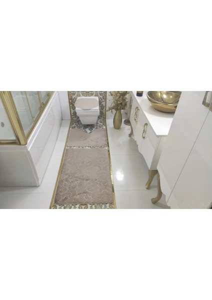 Botiga Home Gofraj Bej Banyo Halısı Klozet Takımı 3'lü Set