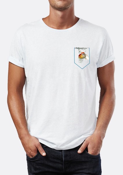 Cep Içinde Yüzen Golden Fish Altın Baş Japon Balığı Bisiklet Yaka Erkek Tişört