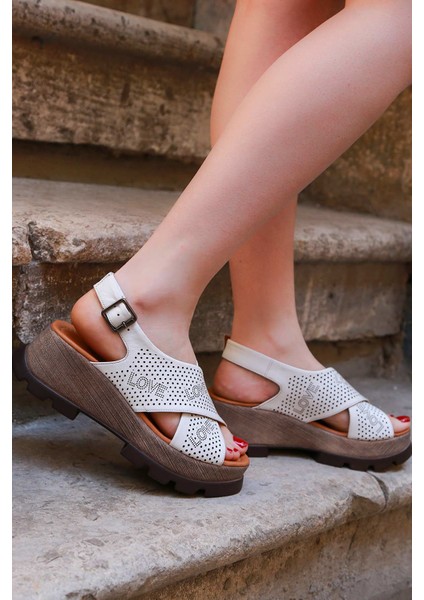 Hakiki Deri Beyaz Kadın Platform Sandalet 170-931