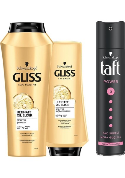Glıss Ultımate Oıl Elıxır Şampuan 500 Ml + Saç Kremi 360 Ml + Taft Power Kaşmir Saç Spreyi 250 Ml