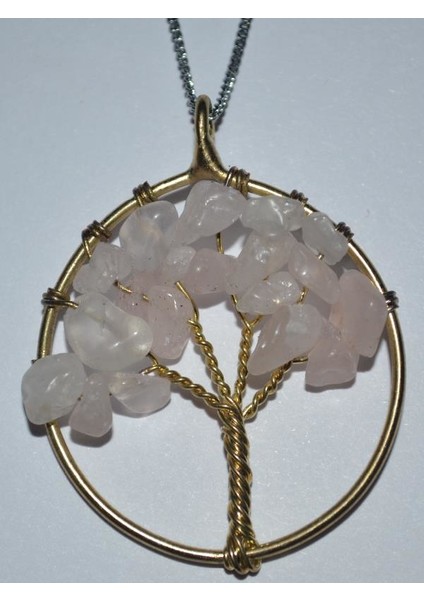 Doğal Taş Pembe Kuvars Kolye Ucu Hayat Ağacı