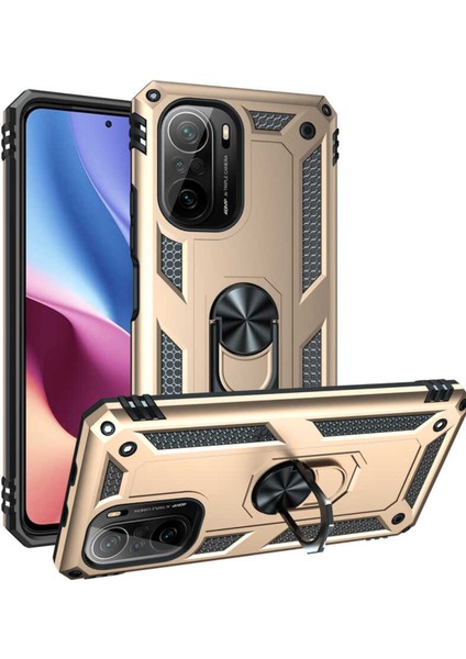 Xiaomi Poco F3 Kapak Military Yüzüklü Stantlı Panzer Tank Kılıf - Gold