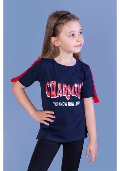 Toontoy Kız Çocuk Kolları Şerit Detaylı Baskılı Tişört