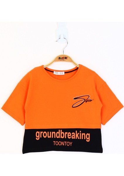 Toontoy Kız Çocuk Düşük Kol Garni Detaylı Baskılı Tişört