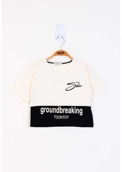 Toontoy Kız Çocuk Düşük Kol Garni Detaylı Baskılı Tişört