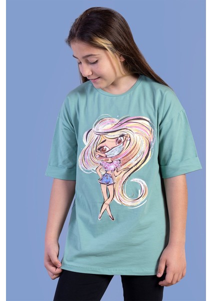 Toontoy Kız Çocuk Baskılı Düşük Kol Tişört