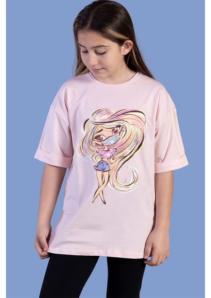 Toontoy Kız Çocuk Baskılı Düşük Kol Tişört