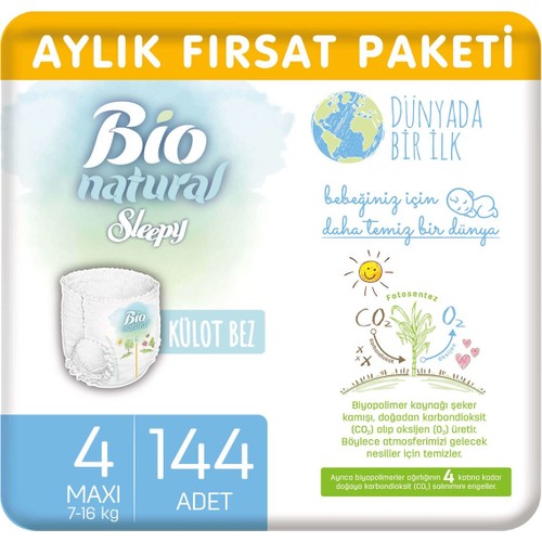 Sleepy Bio Natural Aylık Fırsat Paketi Külot Bez 4 Numara Maxi 144'lü