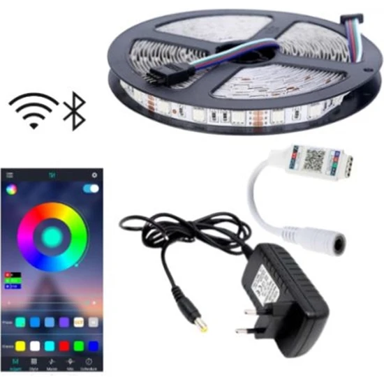 Rgb LED Bluetooth Özellikli - 3 Metre 5050 Smd Iç ve Dış Mekan 1 Çip Sese ve Müziğe Duyarlı Rgb Şerit LED Tak Çalıştır Set