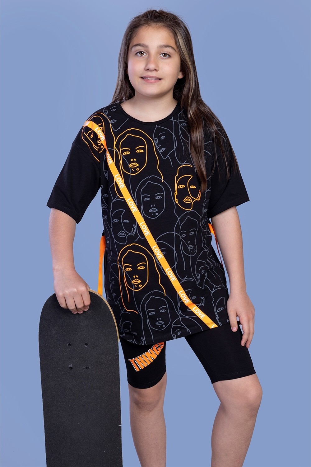 Toontoy Kids Toontoy Kız Çocuk Komple Baskılı Şerit Detaylı Biker Taytlı Takım