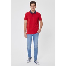 Lee Cooper Matty Erkek %100 Pamuk Denim Yaka T-Shirt Kırmızı Çizgili