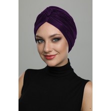 ELYSIANfidan Çapraz Plise Bantlı Astarlı Mor Hazır Türban Tesettür Havuz Bonesi